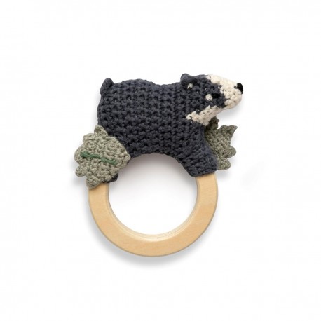 Crochet rattle on ring, Shadow the badger