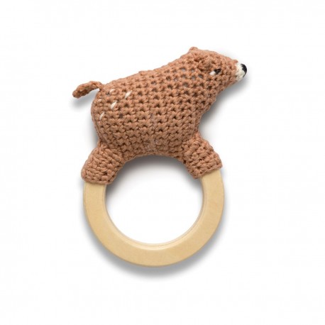 Crochet rattle on ring, Woody the bear