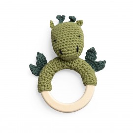 Crochet rattle on wooden ring, dragon