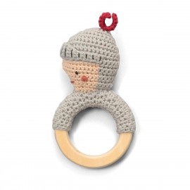 Crochet rattle on wooden ring, knight