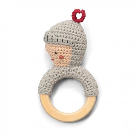 Crochet rattle on wooden ring, knight
