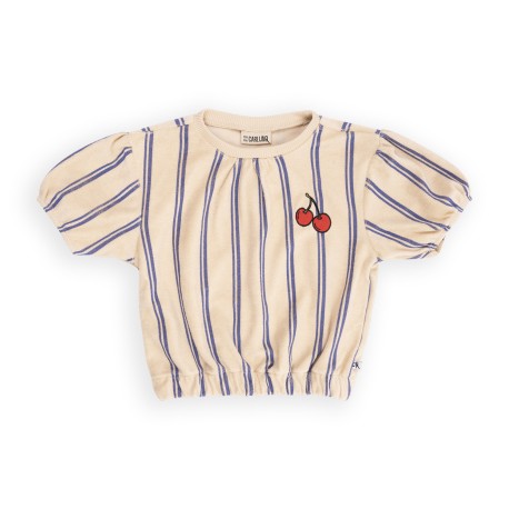 Stripes blue - puffed sleeves top with embroidery